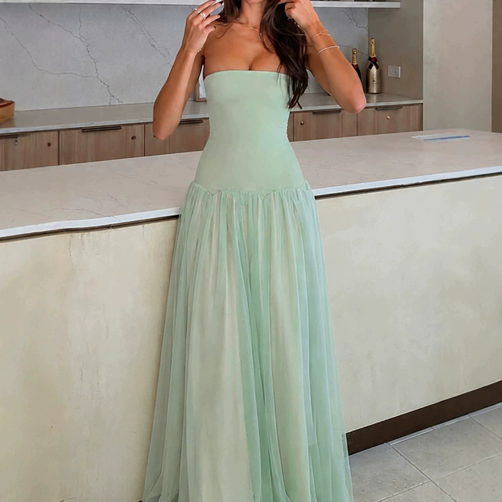 Zara Summer Solid Color Strapless Slim Fit Mesh Spliced Dress